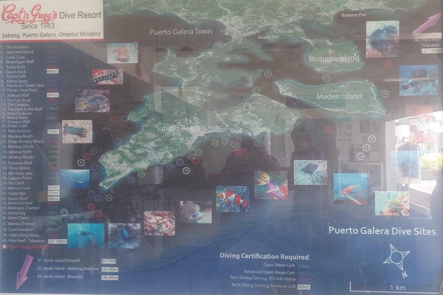 Puerto Galera dive sites map displayed at Capt'n Gregg's dive shop
